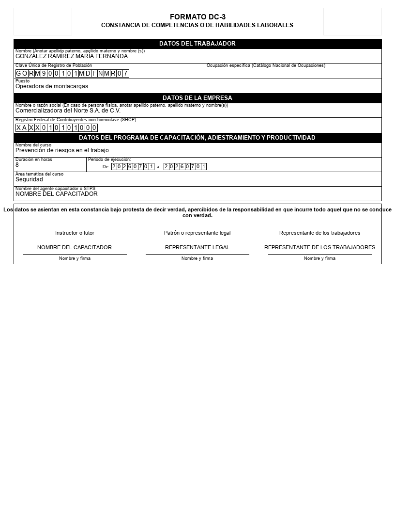 Constancia DC-3 de muestra con el formato oficial de la STPS: datos del trabajador, de la empresa y del curso